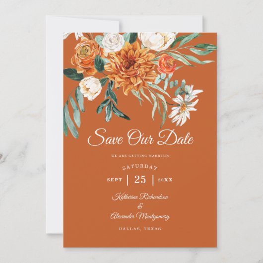 Save The Date Rustique Floral Terracotta tomber Mariage photo (Devant)