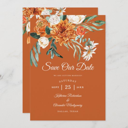 Save The Date Rustique Floral Terracotta tomber Mariage photo (Devant / Derrière)
