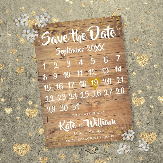 Save The Date Rustique Gold Love Heart Calendrier Enregistrer la