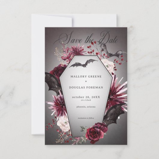 Save The Date Rustique gothique Noir & Bourgogne Mariage d'Hallo (Devant)