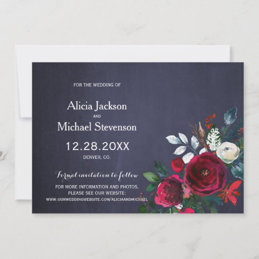 Save The Date Rustique hiver aquarelle rouge pivoines mariage (Dos)