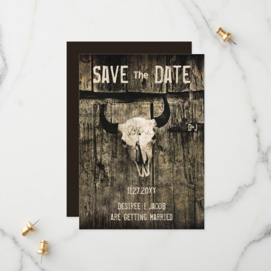 Save The Date Rustique Mariage Occidental Crâne de vache Enregis (Devant/Arrière en situation)