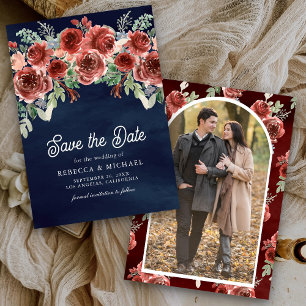 Save The Date Rustique Marsala Floral Photo Mariage Bleu Nuit
