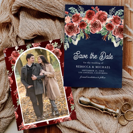 Save The Date Rustique Marsala Floral Photo Marine Mariage bleu