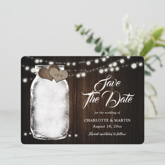 Save The Date Rustique Mason Jar Bois Chaîne Mariage (Debout devant)