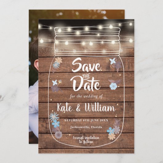 Save The Date Rustique Mason Jar String éclaire la photo florale (Devant / Derrière)