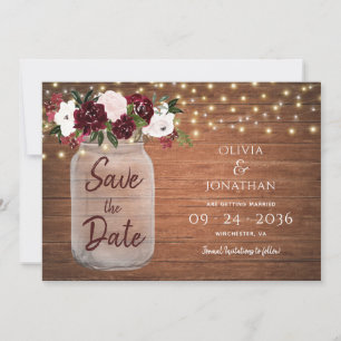 Save The Date Rustique Mason Jar String éclat Floral Bourgogne