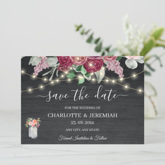 Save The Date Rustique Mason Jar String éclat Mariage Bourgogne (Debout devant)