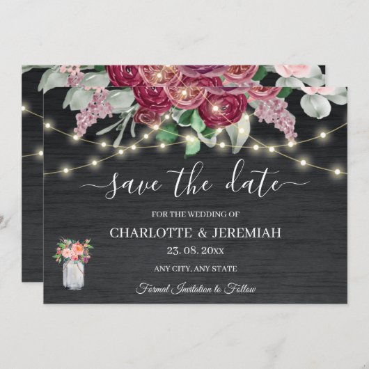Save The Date Rustique Mason Jar String éclat Mariage Bourgogne (Devant / Derrière)