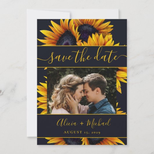 Save The Date Rustique moderne tournesol chic script photo maria (Devant)