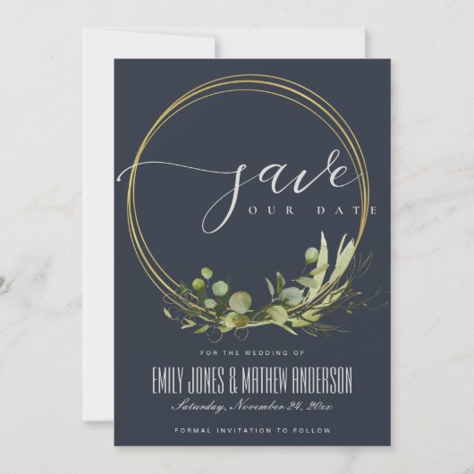 SAVE THE DATE RUSTIQUE NAVY FEUILLES VERTES FEUILLAGE DORÉ AQUAR (Devant)