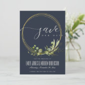 SAVE THE DATE RUSTIQUE NAVY FEUILLES VERTES FEUILLAGE DORÉ AQUAR (Debout devant)