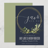 SAVE THE DATE RUSTIQUE NAVY FEUILLES VERTES FEUILLAGE DORÉ AQUAR (Devant / Derrière)