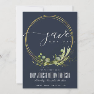 SAVE THE DATE RUSTIQUE NAVY FEUILLES VERTES FEUILLAGE DORÉ AQUAR