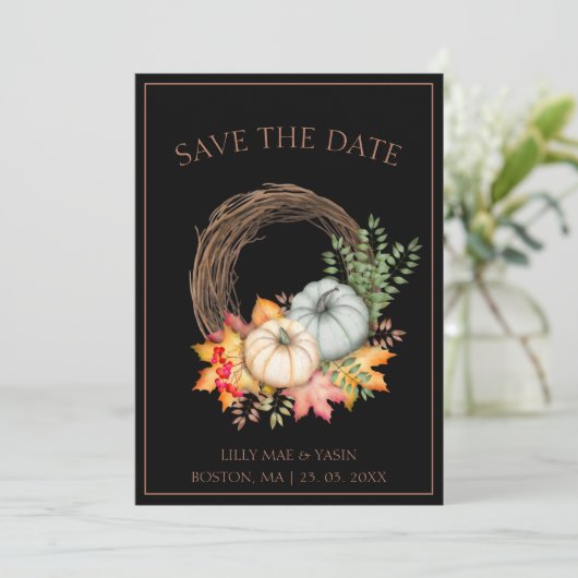 Save The Date Rustique Noir Automne Citrouille Mariage d'automne (Debout devant)