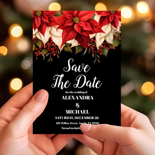 Save The Date Rustique Noir Poinsettia Floral Mariage de Noël