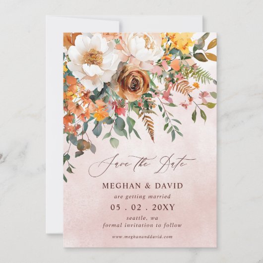 Save The Date Rustique Orange Floral Automne Photo (Devant)