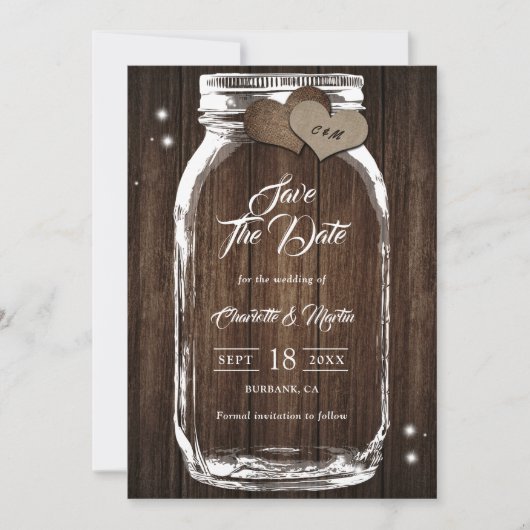Save The Date Rustique Pays Bois Mason Mariage Jar (Devant)
