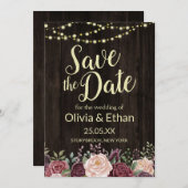 Save The Date Rustique Pays Floral Bois foncé Lumières (Devant / Derrière)