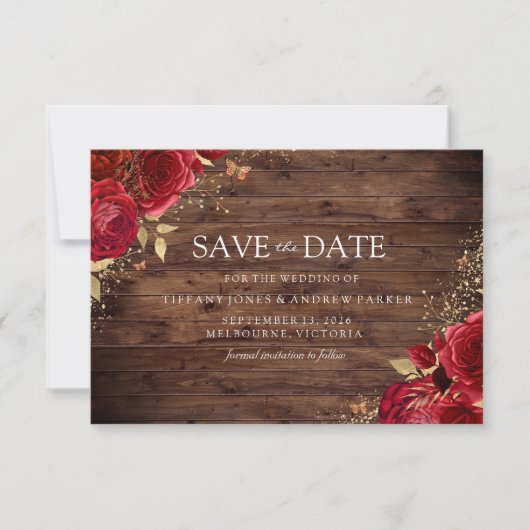 Save The Date Rustique Romantique Roses Rouge Mariage Floral Or (Devant)