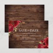 Save The Date Rustique Romantique Roses Rouge Mariage Floral Or (Devant / Derrière)