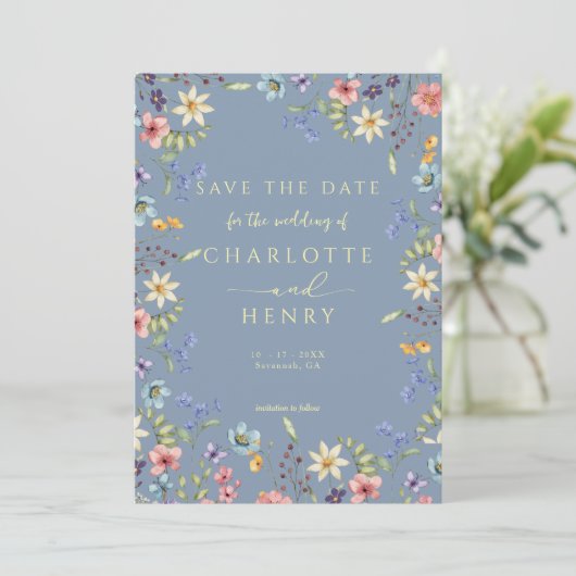 Save The Date Rustique simple Fleur sauvage Dusty Mariage bleu (Debout devant)