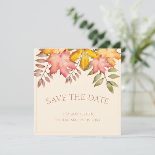 Save The Date Rustique Terracotta Automne Feuilles Mariage (Debout devant)