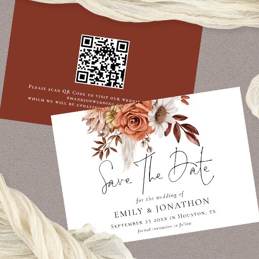 Save The Date Rustique Terracotta Automne Florals QR Code Mariag