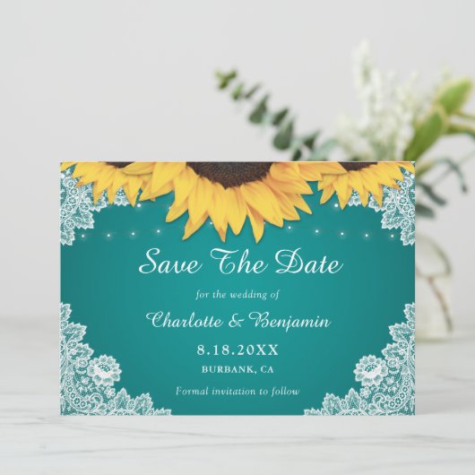 Save The Date Rustique Turquoise Dentelle Tournesol Mariage Enre (Debout devant)