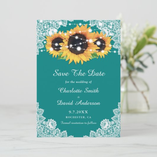 Save The Date Rustique Turquoise Dentelle Tournesol Mariage Enre (Debout devant)
