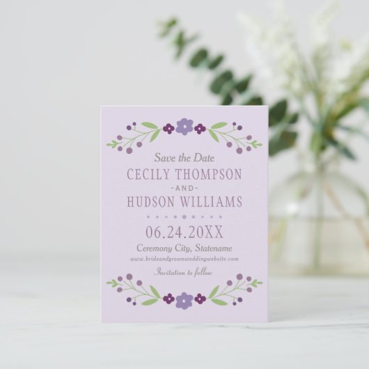 Save The Date Rustique violet et vert Mariage floral (Debout devant)