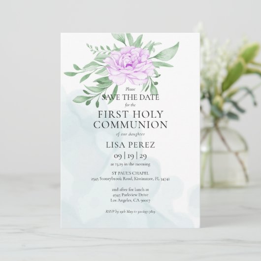 Save The Date Rustique violet Rose Eucalyptus première sainte co (Debout devant)