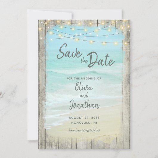 Save The Date Rustique Wood Beach Ocean Mariage Lights (Devant)