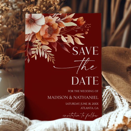 Save The Date Rusty Bourgogne Brown Floral Jardin Mariage