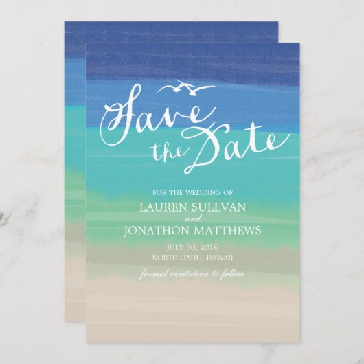 Save The Date Sable, mer et mouettes | Océan peint Enregistrer l (Devant / Derrière)