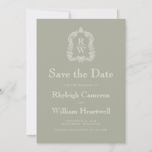 Save The Date Sage classique Vert Monogramme Crest Script (Devant)