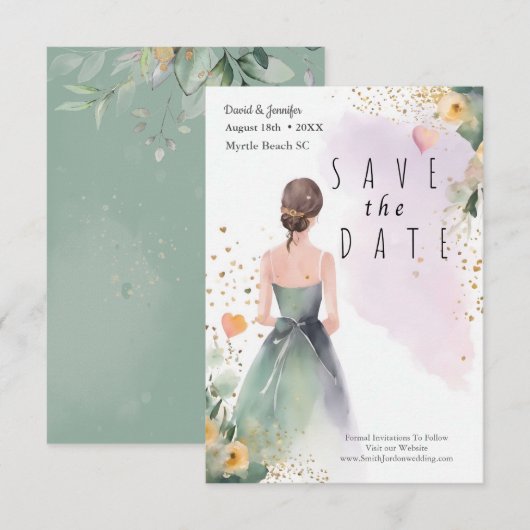 Save The Date Sage doré Eucalyptus vert (Devant / Derrière)