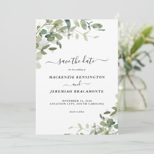 Save The Date Sage Eucalyptus Greenery Wedding Enregistrer la da (Debout devant)