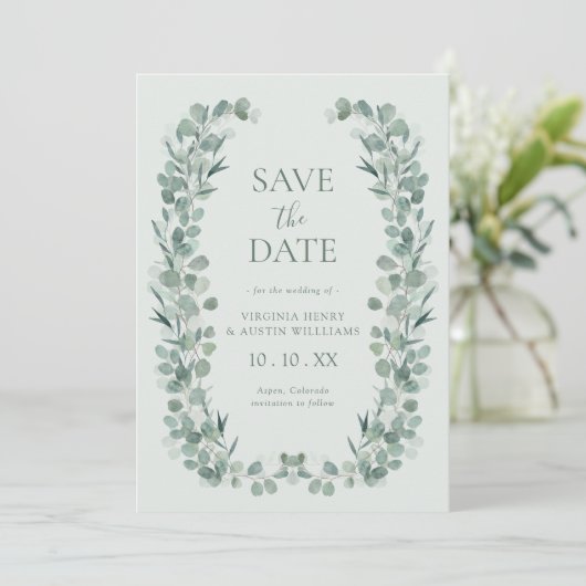 Save The Date Sage Eucalyptus Photo Enregistrer La Date (Debout devant)
