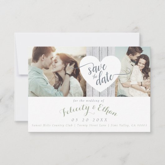 Save The Date Sage Floral Bois Photo Mariage Enregistrer La Cart (Devant)