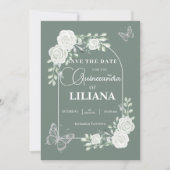 Save The Date Sage Green Arc Floral et Papillons Quinceañera (Devant)