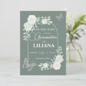 Save The Date Sage Green Arc Floral et Papillons Quinceañera (Debout devant)