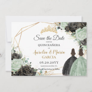 Save The Date Sage Green Black Floral Twins XV Quinceañera