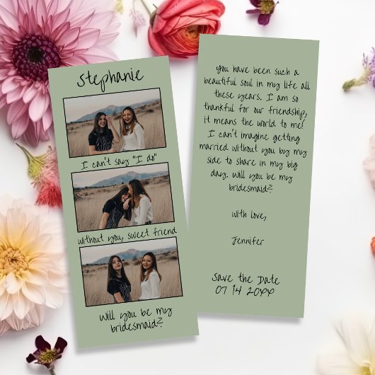 Save The Date Sage Green Chic Photo Strip Bridesmaid Proposition