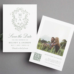 Save The Date Sage Green Classy Français Floral Crest