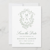 Save The Date Sage Green Classy Français Floral Crest (Devant)