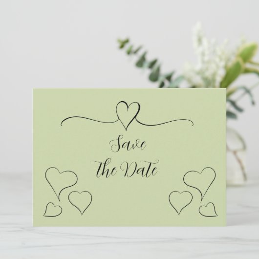 Save The Date Sage Green Coeurs de calligraphie fantaisie Enregi (Debout devant)