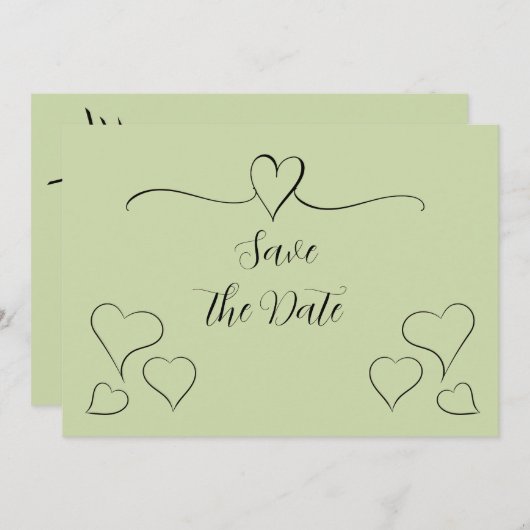 Save The Date Sage Green Coeurs de calligraphie fantaisie Enregi (Devant / Derrière)