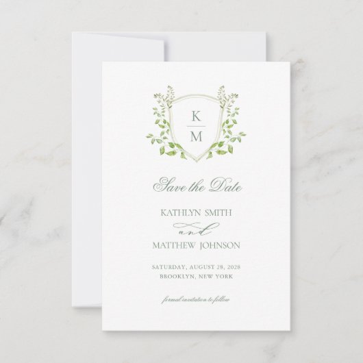 Save The Date Sage Green Crest Monogramme Mariage vert moderne (Devant)