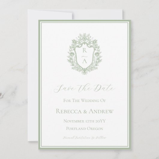 Save The Date Sage Green Crest Monogramme & Photo (Devant)